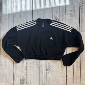 Ladies Adidas black cropped sweatshirt with white stripes size medium